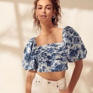 Abercrombie & Fitch Crop Top Women S Blue Floral Puff Sleeve Cottagecore Coastal